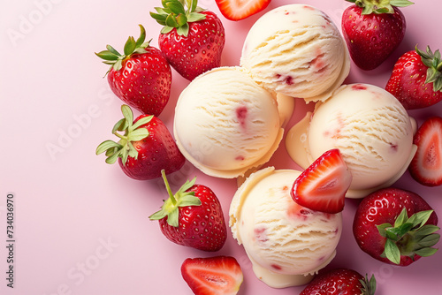 Strawberry cheesecake ice cream scoops with strawberries on a pink background photo