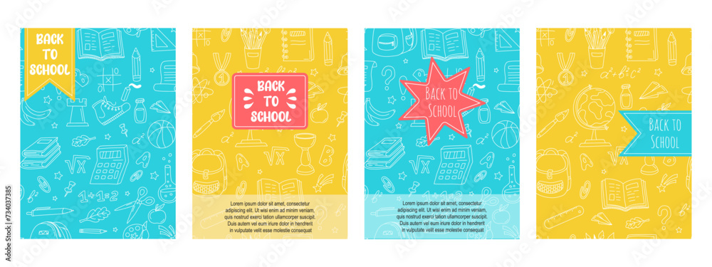 Back to school flyer template set. Hand drawn school supplies. School banner set with pattern of stationery, educational supplies for sale. Design posters for paper, textiles, fabric, wallpaper