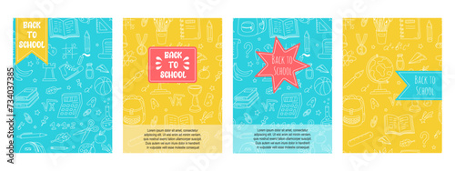 Back to school flyer template set. Hand drawn school supplies. School banner set with pattern of stationery, educational supplies for sale. Design posters for paper, textiles, fabric, wallpaper