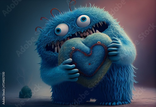 Fluffy blue Valentine monster smiling and holding a heart. Generative AI