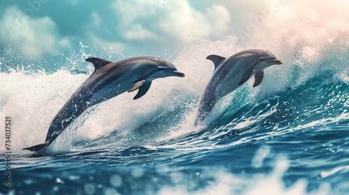 Playful dolphins jumping over breaking waves.