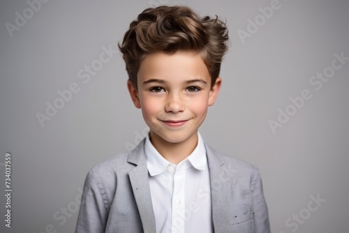 Portrait of a cute little boy with stylish hairstyle in a gray suit.