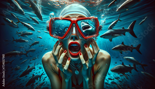A stunned woman in a swimming cap and goggles underwater, surrounded by fish and sharks, her expression one of surprise and fear.Shark danger concept. AI generated. photo