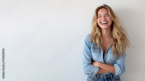 Blonde woman wear blue shirt smiling laugh out loud isolated on grey