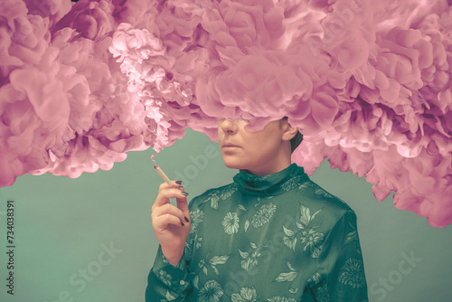 woman with pink smoke photo