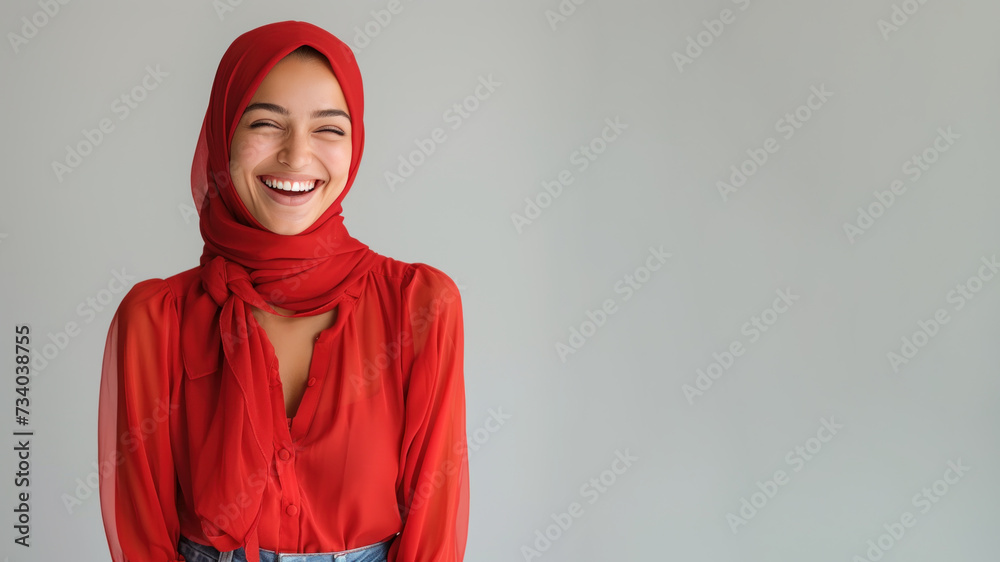 Arab woman wearing red shirt smiling laugh out loud isolated on grey Arab woman wearing red shirt smiling laugh out loud isolated on grey