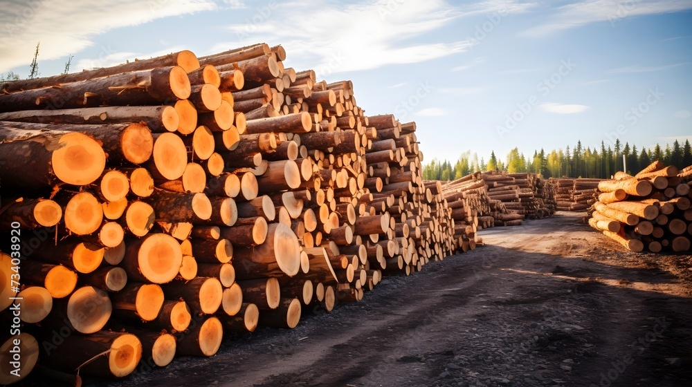 Stacks of freshly cut, amber-toned logs are piled up, showcasing the raw materials of the timber industry.
