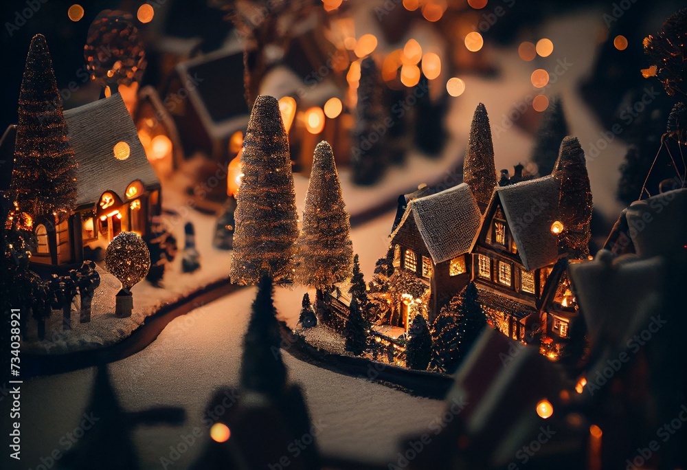 The Christmas tree village is a festive wonderland of glittering lights and sparkling ornaments. The trees are decorated with care, each one unique in its own way. The villagers are. Generative AI - obrazy, fototapety, plakaty 