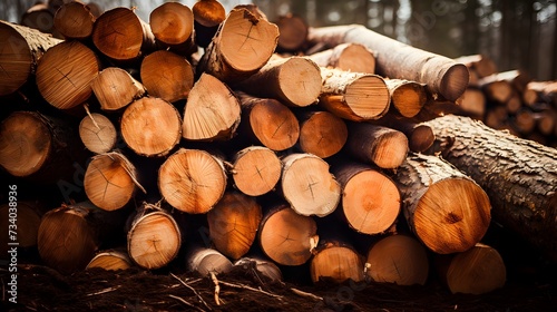 Stacks of freshly cut  amber-toned logs are piled up  showcasing the raw materials of the timber industry. 