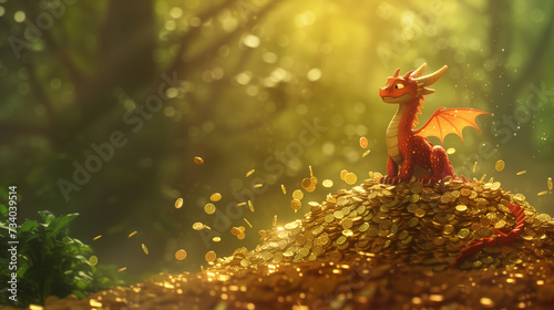 Cheerful Dragon Sitting on a Pile of Coins in a Magical Forest, Symbolizing Wealth and Luck