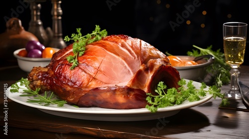 Succulent glazed Easter ham garnished with fresh herbs, presented on a plate ready for a celebratory meal