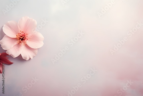 Beautifully composed top-view image of a small flower on a solid pastel surface  designed for personalized text inclusion.
