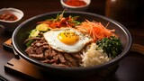 Traditional Korean dish bibimbap with fried agg, beef and vegetables. 