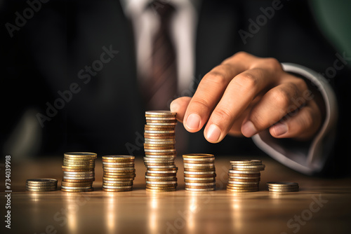 Close-Up eines Mannes, der Münzen stapelt, Finanzplanung, erstellt mit generativer KI photo