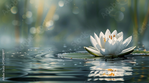Beautiful white lotus floating on the water for peaceful and meditation concept.