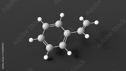 styrene molecular structure, precursor polystyrene, ball and stick 3d model, structural chemical formula with colored atoms photo
