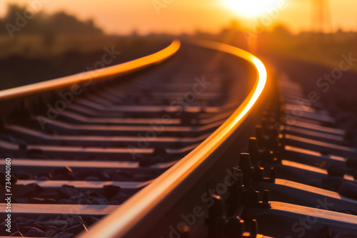 railway rails go into the distance around the bend against the backdrop of a beautiful sunset photo