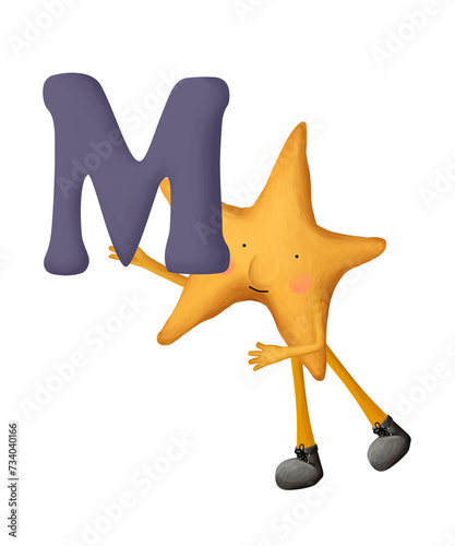 Bright cartoon alphabet. Cute and funny star with letter M. Illustration for kids on white background