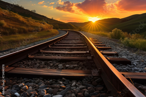 railway rails go into the distance around the bend against the backdrop of a beautiful sunset photo