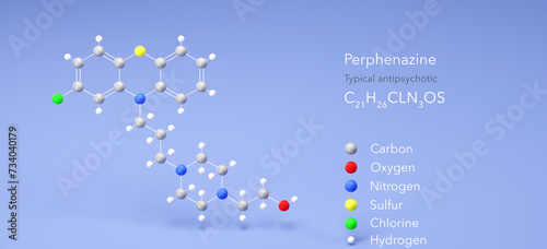perphenazine molecule, molecular structures, phenothiazines, 3d model, Structural Chemical Formula and Atoms with Color Coding photo