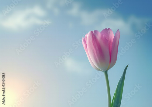 Pink Tulip Against Cloudy Sky  A delicate pink tulip blooms solo against a backdrop of a soft blue sky with wispy clouds  portraying a tranquil spring day.