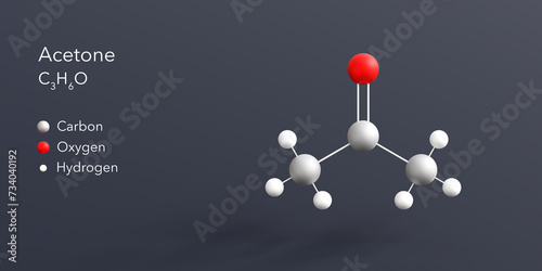 acetone molecule 3d rendering, flat molecular structure with chemical formula and atoms color coding photo
