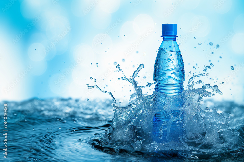 blue bottle of mineral water in water splashes blue bottle of mineral water in water splashes