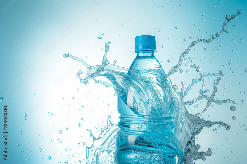 blue bottle of mineral water in water splashes blue bottle of mineral water in water splashes