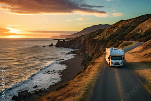 white camper vans moving along the highway along the seashore at sunset, family travel concept
