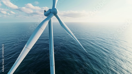 The expansive blades of an offshore wind turbine capture the sustainable wind energy, with a stunning aerial view of the ocean providing a backdrop for environmental messaging.