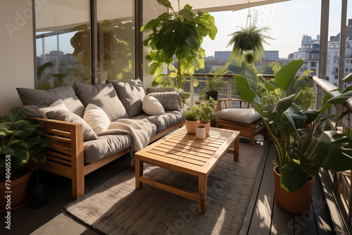 cozy patio balcony, seating area with wicker furniture and many plants