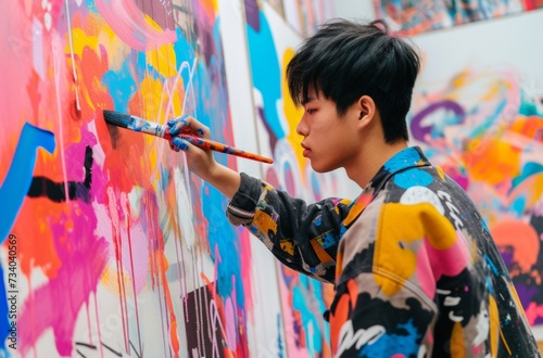 A young, artistic boy deeply engrossed in painting an abstract mural, using a palette of bright, vibrant colors, showcasing creativity and expression in youth.