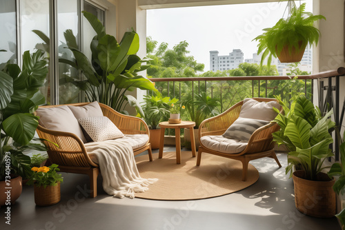 cozy patio balcony, seating area with wicker furniture and many plants