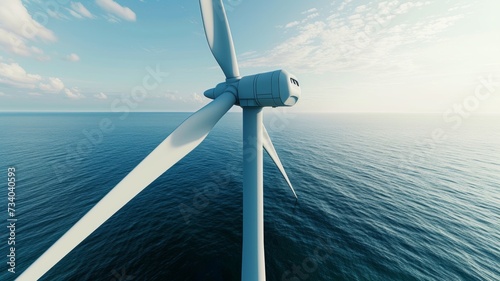 The powerful image of a wind turbine generator set against the vast ocean and clear skies, embodying the future of clean energy and the fight against climate change, with ample copy space. photo