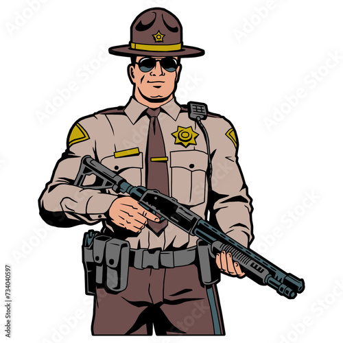 Texas police officer sheriff with shotgun, vector, logo, cartoon, illustration, mascot, character
