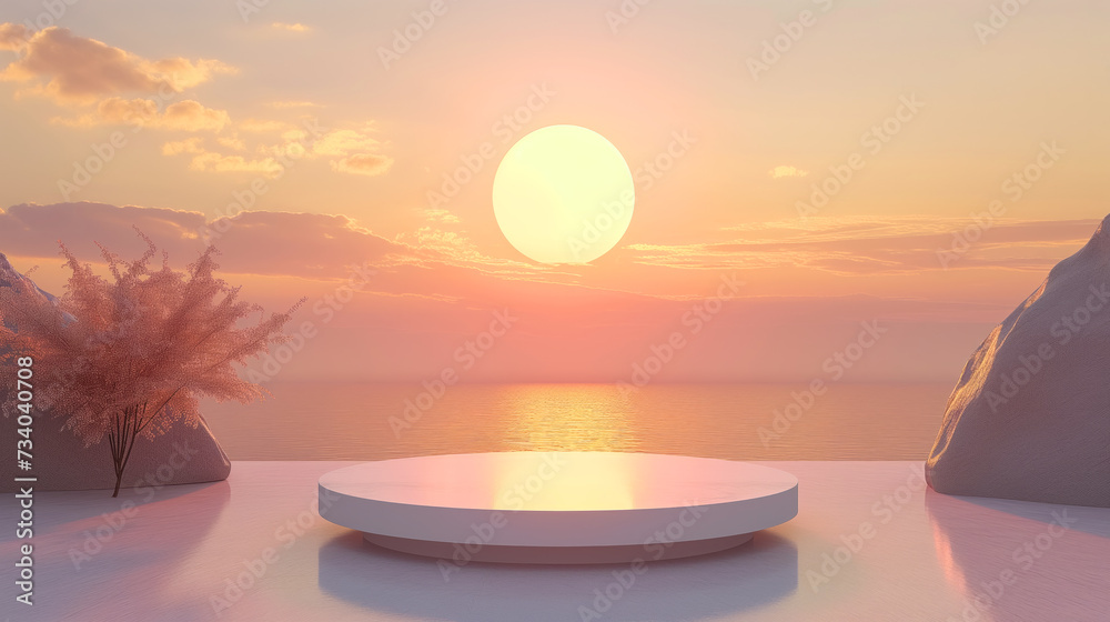 Empty white podium on beautiful sunset background. for product presentation. Empty white podium on beautiful sunset background. for product presentation.