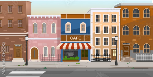 Cartoon of city street with cafe and row of nice houses