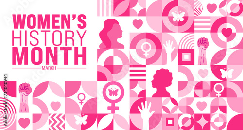 March is Women’s History Month geometric shape pattern  background template with women vector and women icon sign design. use to background, banner, placard, card, and poster design template.