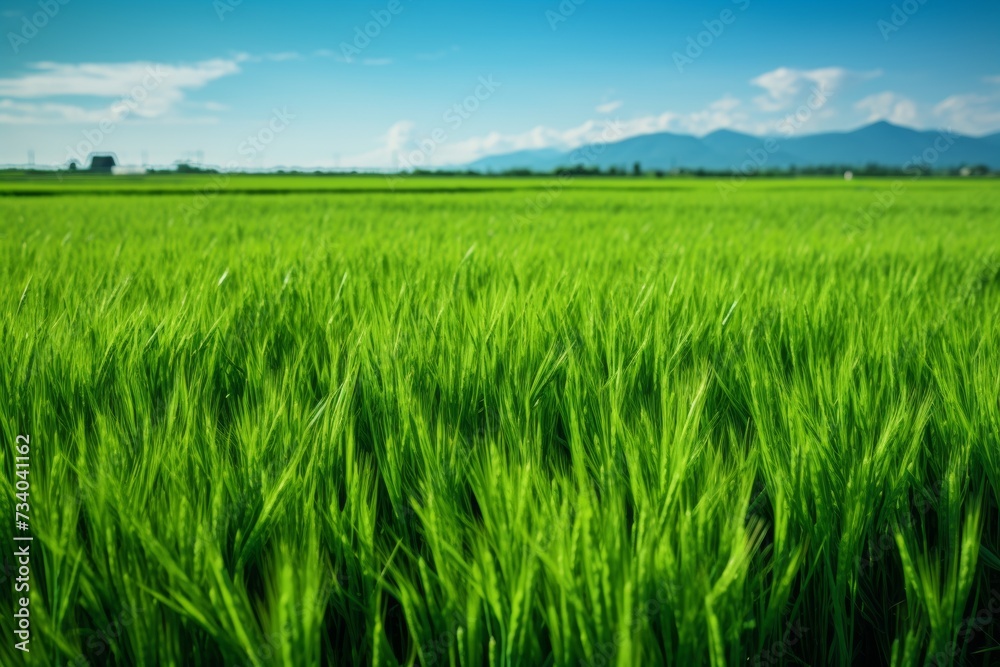 Vibrant green rice paddy fields with a pathway leading towards the mountains under a clear blue sky. Vibrant green rice paddy fields with a pathway leading towards the mountains under a clear blue sky.