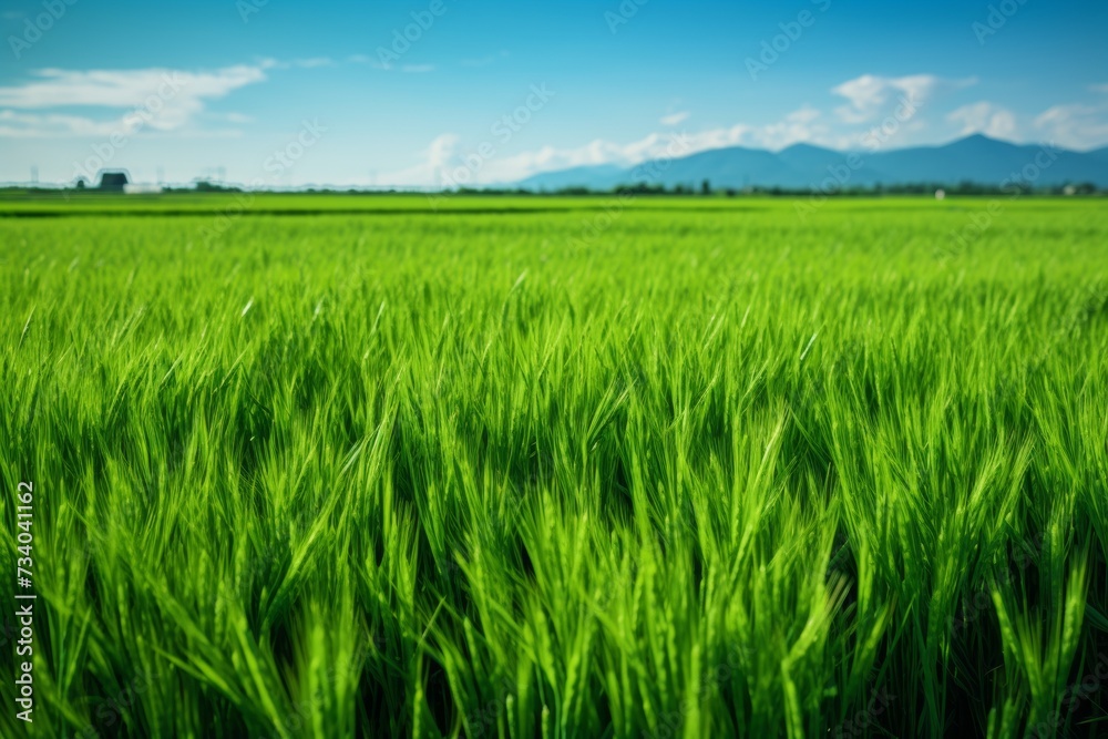 Vibrant green rice paddy fields with a pathway leading towards the mountains under a clear blue sky.