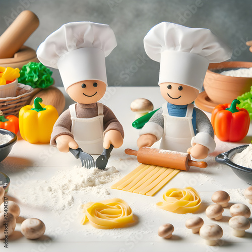 Plasticine men dressed as chefs make fresh pasta tagliatelle