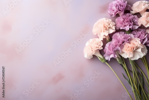 Bird's-eye view of a bouquet of carnations against a muted pastel background, ideal for adding custom text.