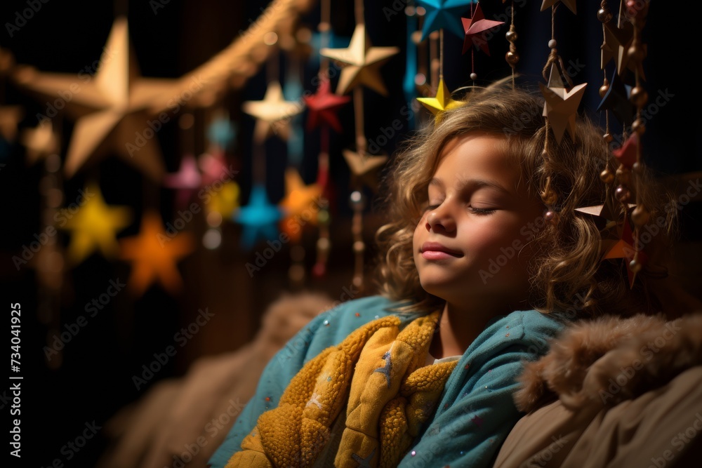 A young girl with curly hair dreams peacefully amidst a backdrop of twinkling festive lights.
