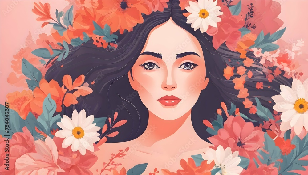 hand-drawn image of a woman with black hair in spring flowers. for International Women's Day on March 8th. feminine beauty, strength and independence hand-drawn image of a woman with black hair in spring flowers. for International Women's Day on March 8th. feminine beauty, strength and independence