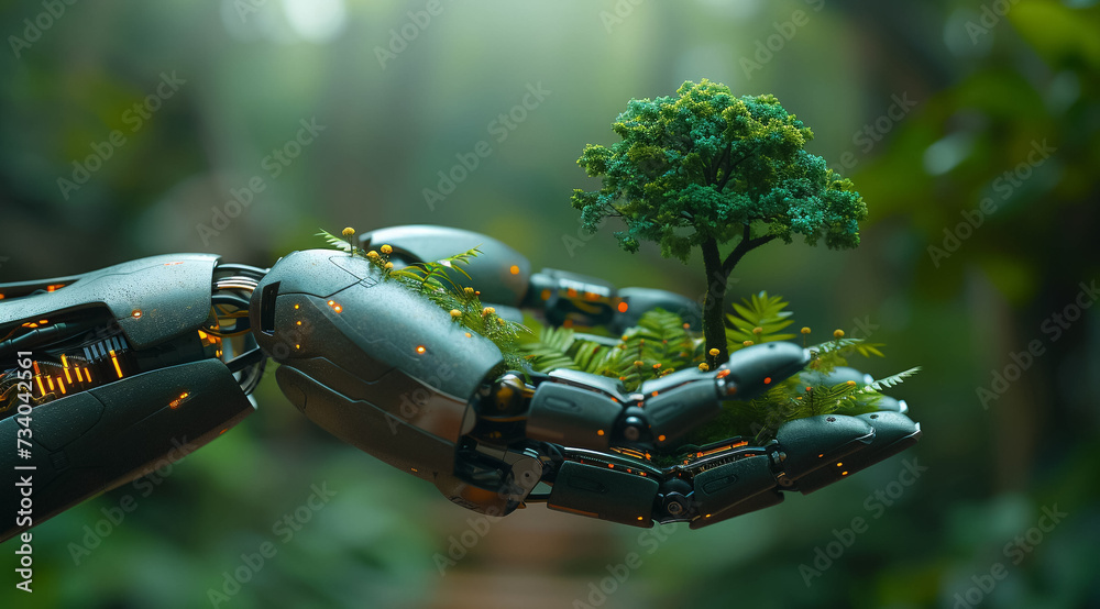 A smart robots hand holds a small virtual world model with trees growing and a background of solar panels or a wind turbine field generating electricity Design guidelines for technological - obrazy, fototapety, plakaty 