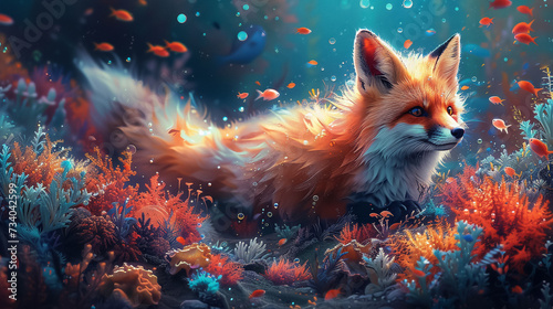 illustration of a cute aquatic fox in a crystal clear fantasy ocean © Atchariya63