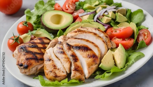  image of a steak cooked on a barbecue grill in a plate with a salad of avocado, greens and tomatoes. food and cooking