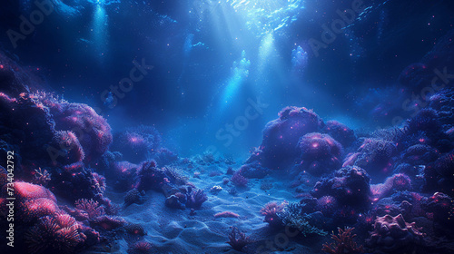 Deep sea exploration theme with bioluminescent creatures and mysterious underwater landscapes photo