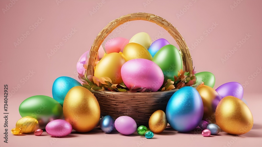 
image of multi-colored Easter eggs with different patterns in a basket on a pastel soft pink background. Easter holiday