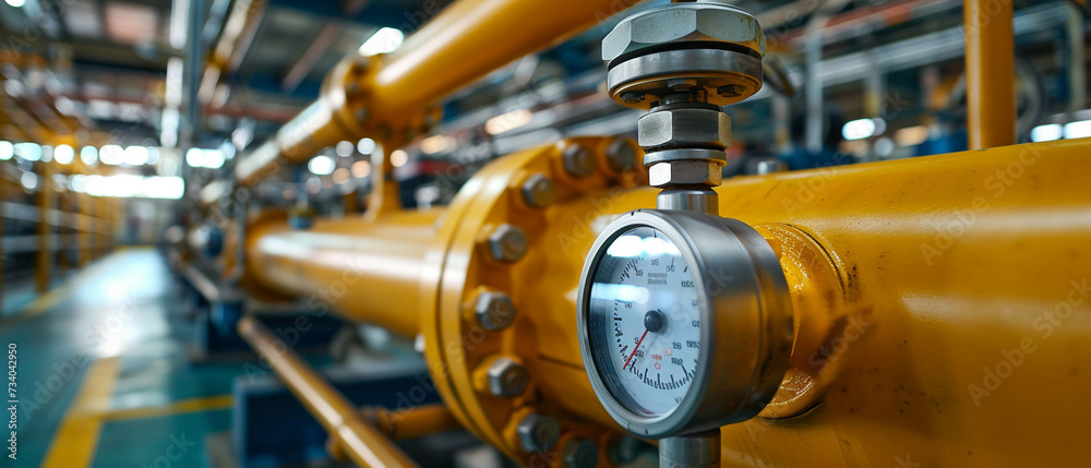 Fototapeta premium pipe system pressure gauge and valve control with other equipment of boiler room for industrial